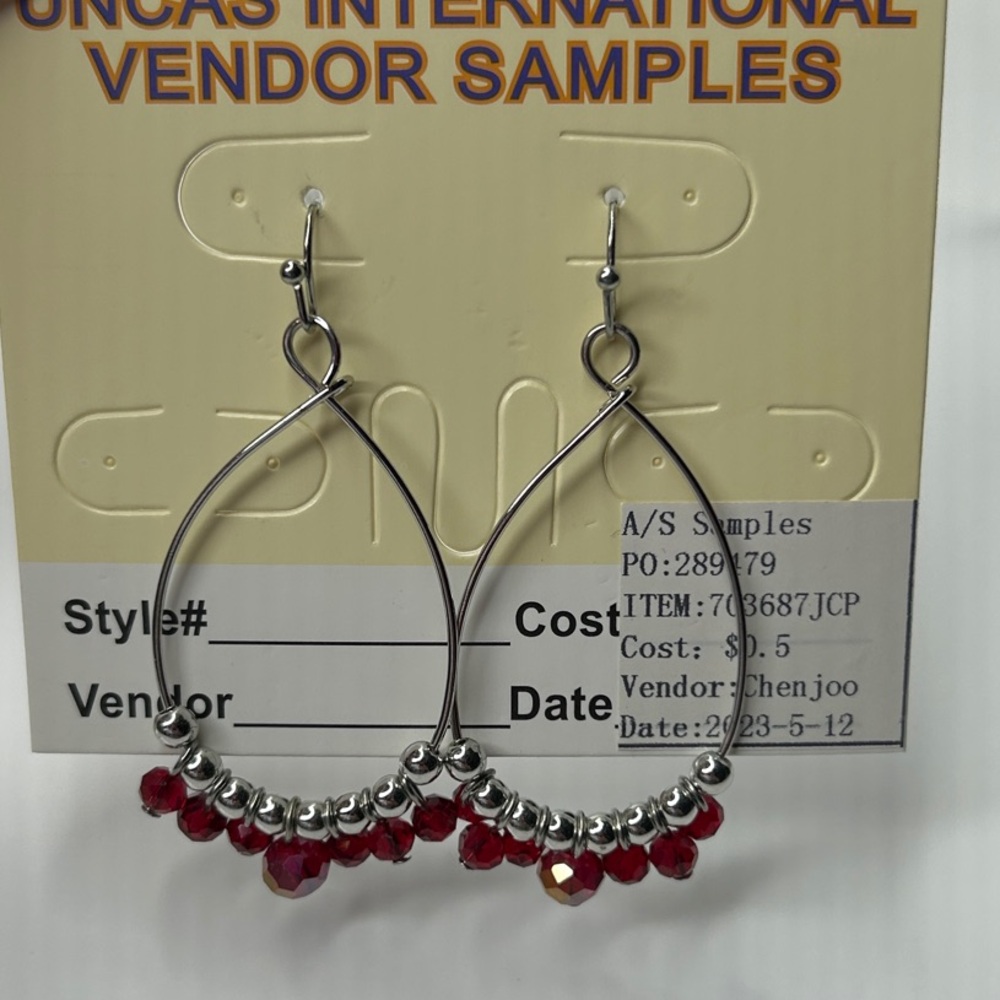 Uncas International Silver and Red Beaded Earrings 2”